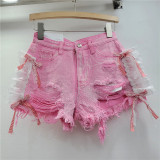 Heavy duty rhinestone lace denim shorts