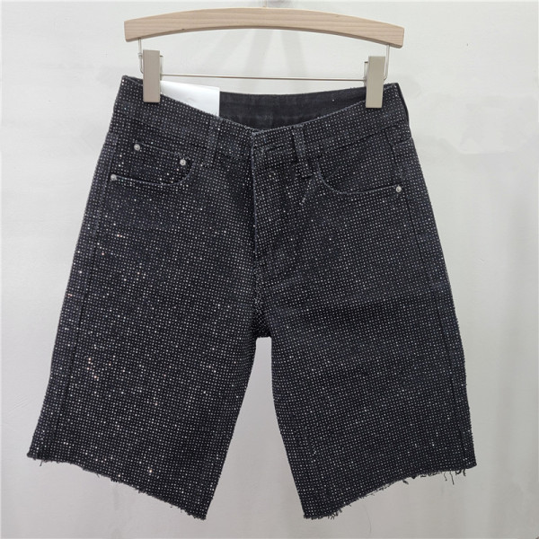Ironed full diamond fringed straight leg high waist five quarter jeans