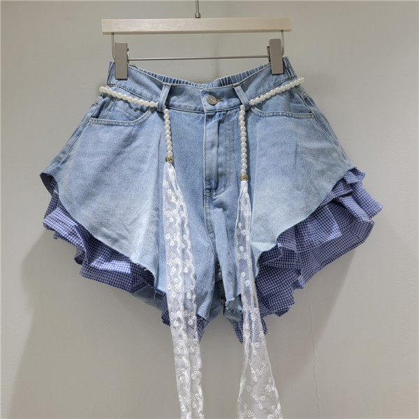 Diagonal plaid patchwork jeans