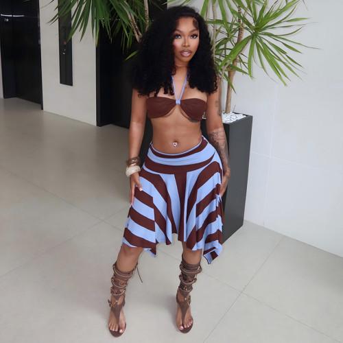 Hanging neck bikini top high waisted skirt set