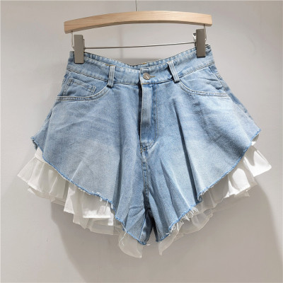 High waisted wide leg fake two denim shorts