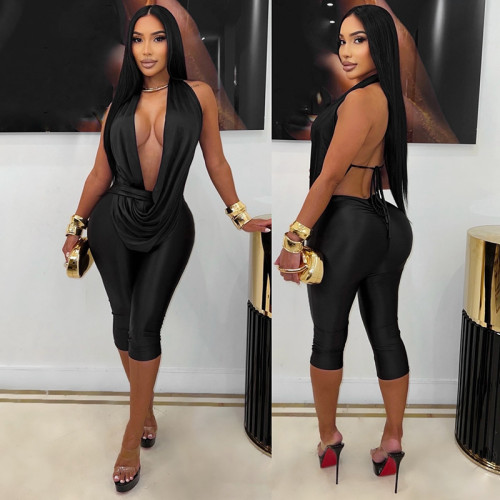 Hanging neck swinging collar backless jumpsuit C26JP311