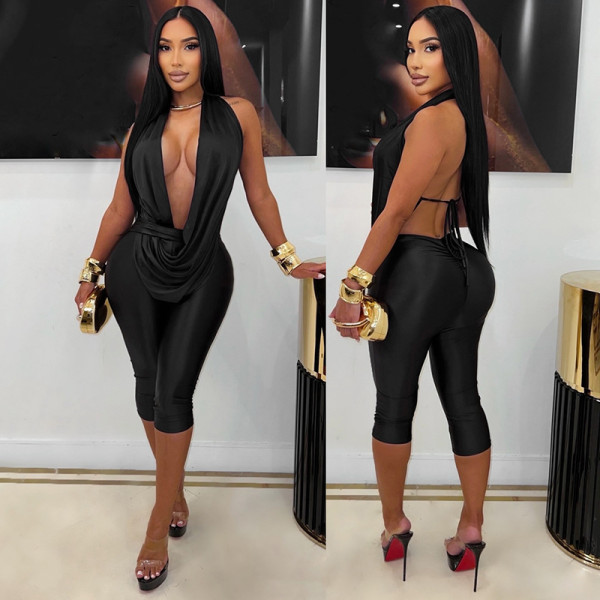 Hanging neck swinging collar backless jumpsuit C26JP311