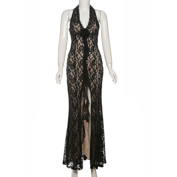 Deep V design neck hanging lace long skirt with slit dress
