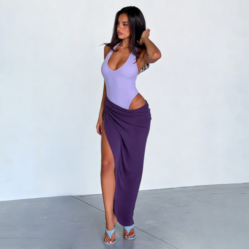 Fake two contrasting neck hanging high slit asymmetrical dresses