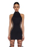 Milk silk hollow strap hanging neck and hip bag dress