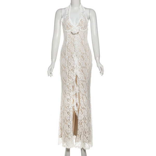 Deep V design neck hanging lace long skirt with slit dress