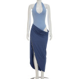 Fake two contrasting neck hanging high slit asymmetrical dresses