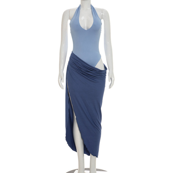 Fake two contrasting neck hanging high slit asymmetrical dresses