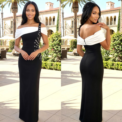 One shoulder fish tail long style rhinestone wrapped hip dress