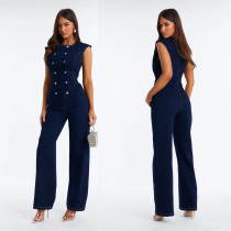 Elastic wash denim straight leg loose jumpsuit