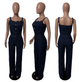Strap denim jumpsuit wide leg pants