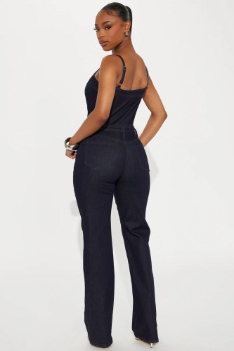 Strap denim jumpsuit wide leg pants