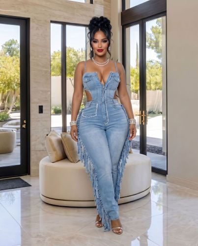 Tailored high stretch tassel denim jumpsuit with camisole