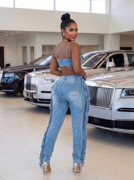 Tailored high stretch tassel denim jumpsuit with camisole