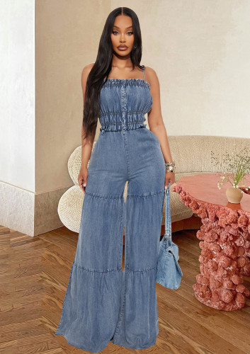 Strap denim jumpsuit wide leg pants