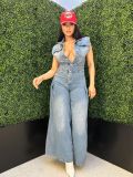 Elastic wash denim straight leg loose jumpsuit