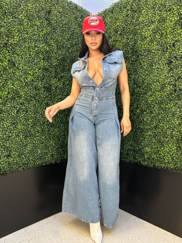 Elastic wash denim straight leg loose jumpsuit