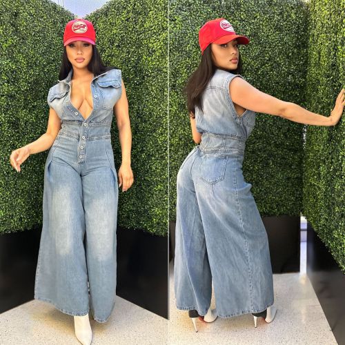 Elastic wash denim straight leg loose jumpsuit