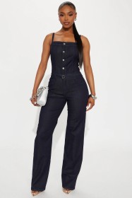 Strap denim jumpsuit wide leg pants