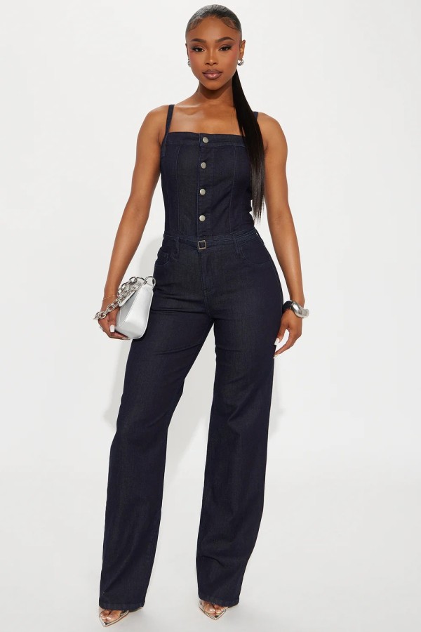 Strap denim jumpsuit wide leg pants