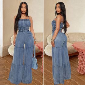 Strap denim jumpsuit wide leg pants