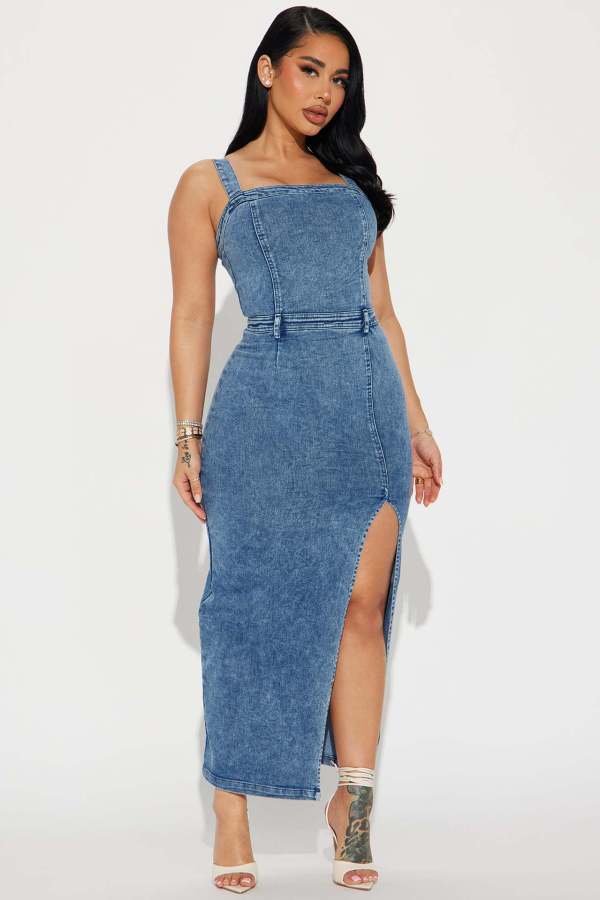 Elastic suspender sleeveless backless and waist exposed denim dress
