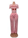 Letter printed short sleeved high waisted drawstring wide leg pants set