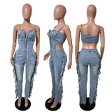 Tailored high stretch tassel denim jumpsuit with camisole