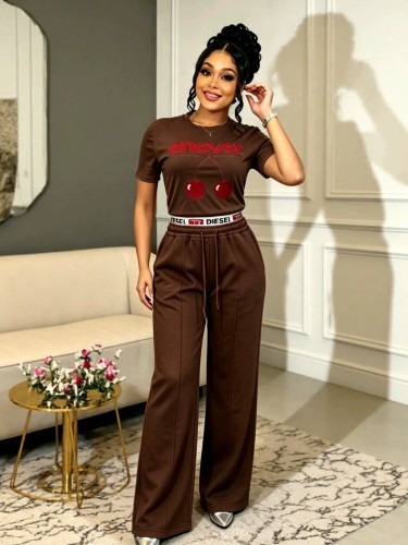 Letter printed short sleeved high waisted drawstring wide leg pants set