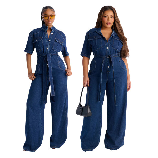 Elastic loose washable short sleeved denim jumpsuit