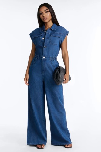 Elastic wash denim jumpsuit