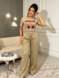Letter printed short sleeved high waisted drawstring wide leg pants set