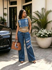 Letter printed denim patchwork short sleeved top two-piece set
