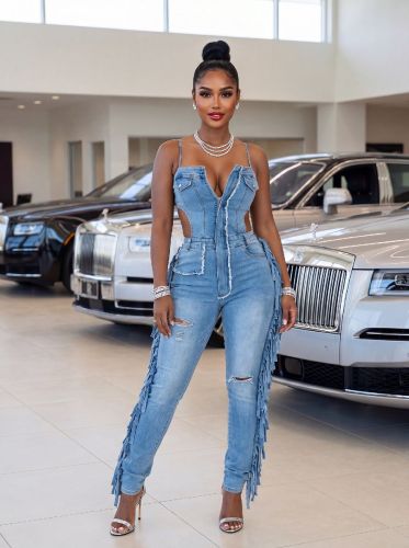 Tailored high stretch tassel denim jumpsuit with camisole
