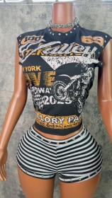 FC1428-21-1C586013 Printed Rivet Casual Vest + Striped Colorblocked Pants