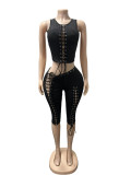 Sleeveless hollowed out lace up vest top, cropped pants set