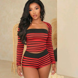 Striped navel exposed long sleeved shorts three piece set