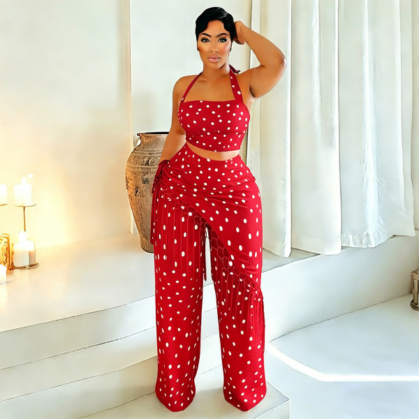 Thin fringe polka dot wide leg pants set