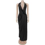 Deep V-neck hanging backpack hip dress