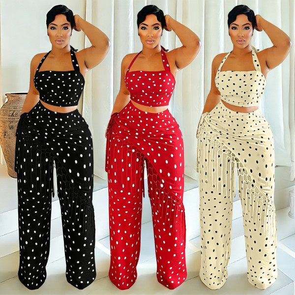 Thin fringe polka dot wide leg pants set