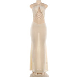 Pearl decoration with exposed navel, hanging neck, exposed backpack, buttocks dress
