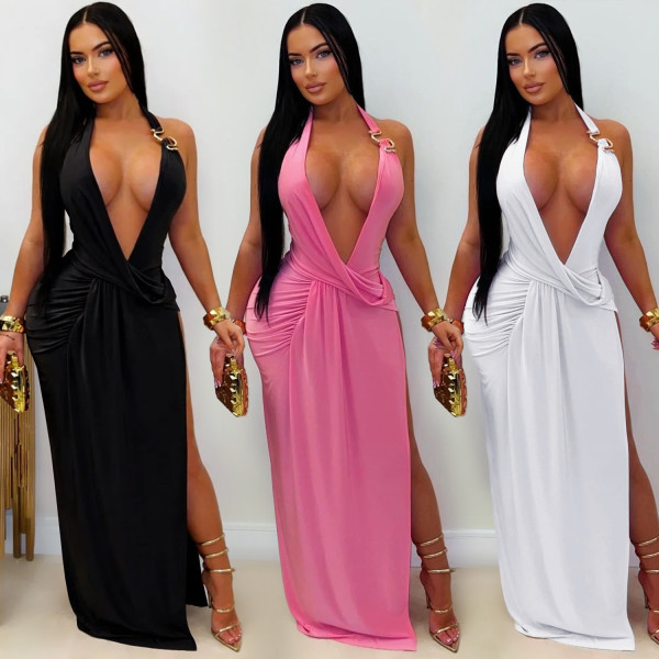 Deep V-neck hanging backpack hip dress