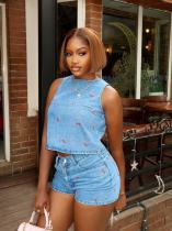 Cherry embroidered vest A-line denim shorts two-piece set