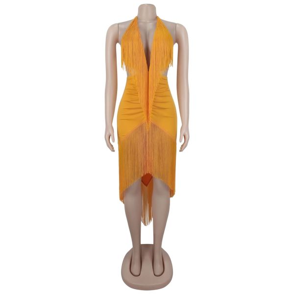 Hanging neck deep V backless tassel wrapped hip skirt