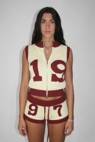 Color blocking cardigan zipper shorts sleeveless top with drawstring two-piece set