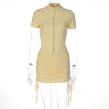 Cardigan breasted short sleeved top with drawstring and hip hugging skirt set