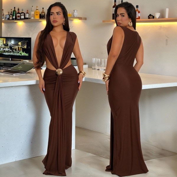 V-neck pleated metal accessory buckle ribbon style dress