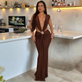 V-neck pleated metal accessory buckle ribbon style dress