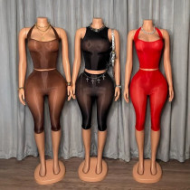 2-piece set of high elasticity bright perspective hanging neck top and mid pants 2-piece set of high elasticity bright perspective hanging neck top and mid pants